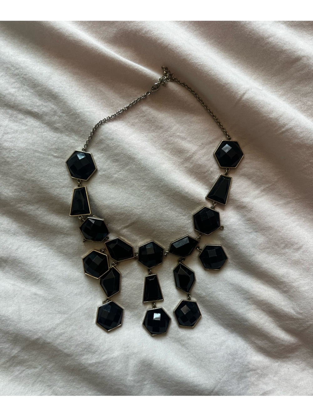 Black Geometric Statement Bib Necklace Silver Tone Faceted Stones